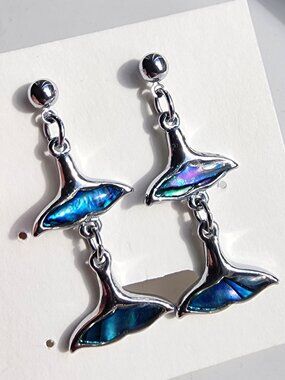Orca Tail Stud Earrings Abalone Shell Iridescent Silver Tone Ocean Dangle Jewelr